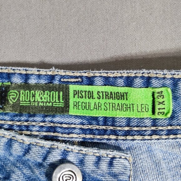 Rock & Roll Denim men's size 31X34 hard washed denim blue Pistol Straight jeans - Picture 6 of 16